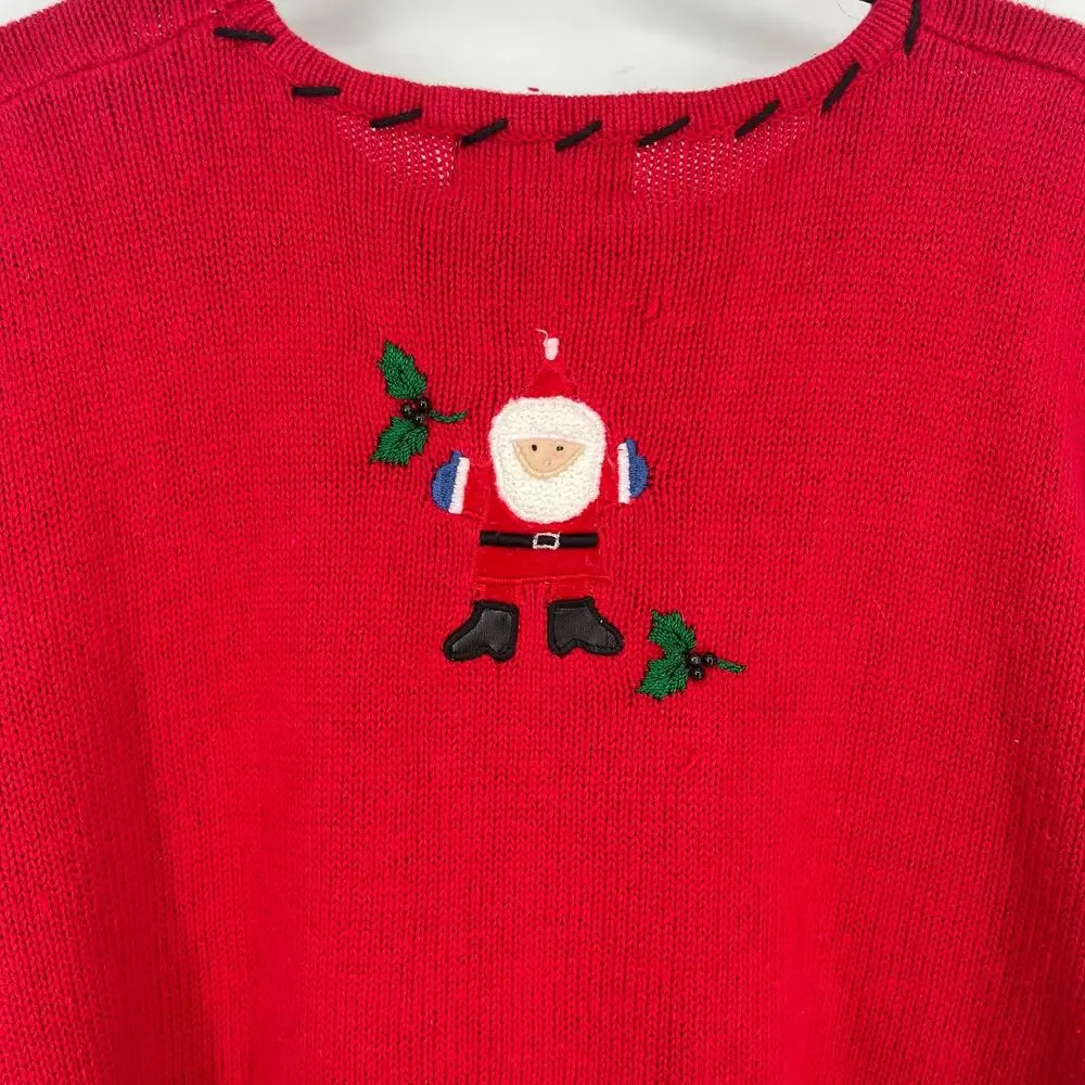 Vintage Red Christmas Sweater Embroidered Santa Toys Gifts Holiday Pullover